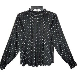 H&M Black And White Satin Polka Dot Shirred Neck Long Sleeve Blouse Size 4